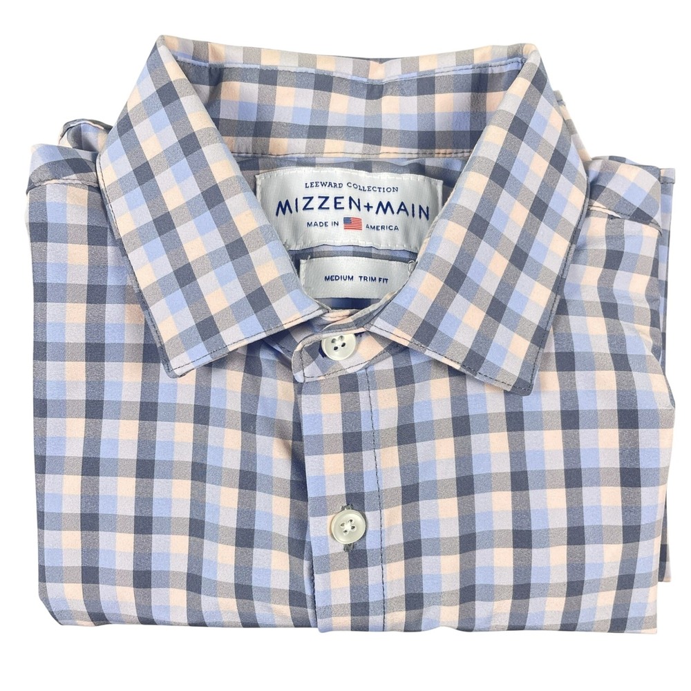 Mizzen+Main Shirt Mens Med Blue Tan Leeward Trim Fit Gingham Performance Stretch